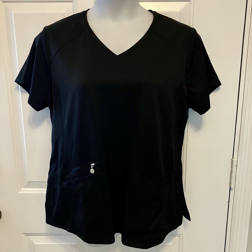 Beyond Scrubs Women's‎ Size XL Black V-Neck Scrub Top Short Sleeve Zip Pocket